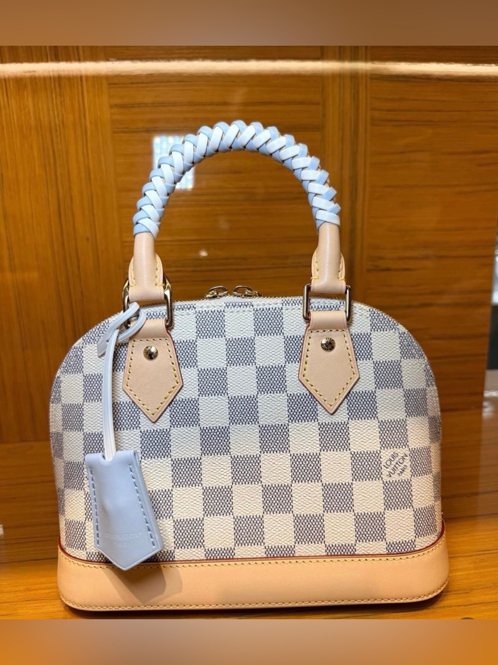 L V  White Checkered Top-Handle Bag with Braided Handle